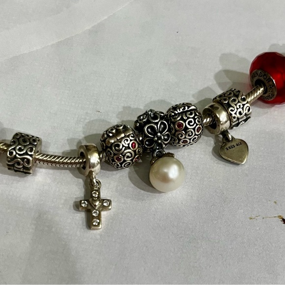 Pandora Silver and Red Bracelet with Intricate Charms - Picture 2 of 3